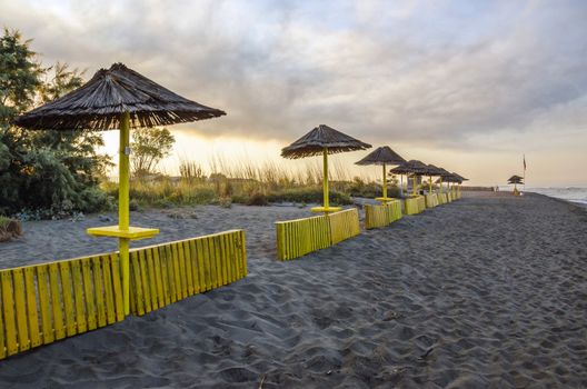 Early morning sunlight in Ada Bojana beach with cloudy sky, Ulcinj, Montenegro.