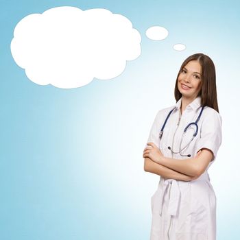 young woman doctor thinks cloud over his head, place for text