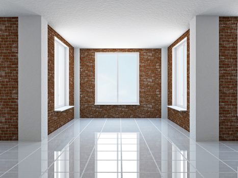 The empty hall with brick wall and windows