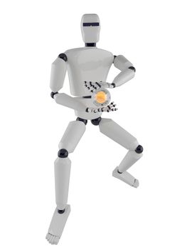 The metal robot with a fireball in hands