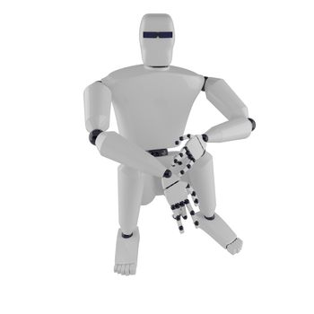 The sitting metal robot on a white background