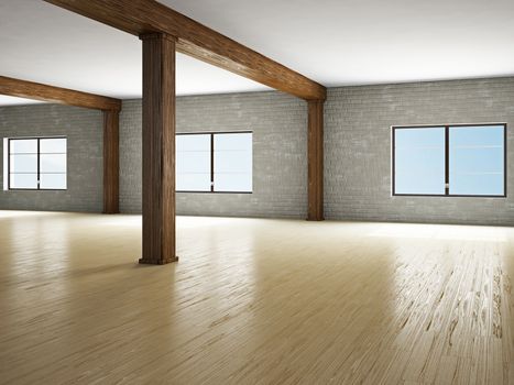 Empty hall with wooden column and windows