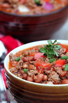 Chili Con Carne with garnish. Extreme shallow depth of field with selective focus on garnished area of chili. 