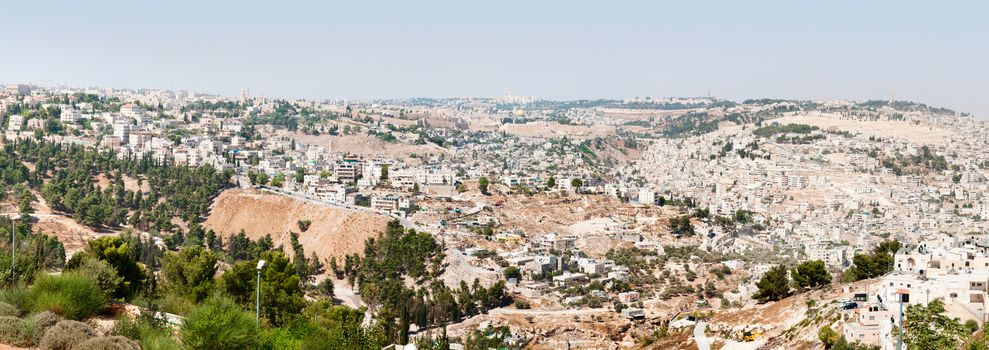 Panoramic view of Jerusalem old and new city under clean sky