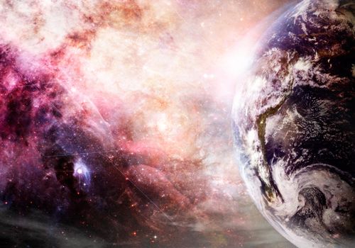 Artist rendition of Earth and galaxy at creation (Image partially created from photos available at www.nasa.gov.)