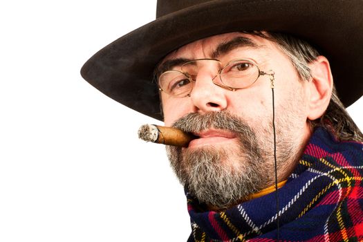 american cowboy smoking cigar on white background