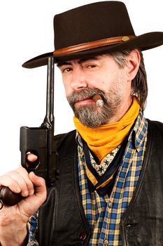 american cowboy with revolver, smoking cigar on white background