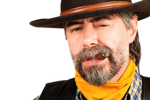 american cowboy smoking cigar on white background