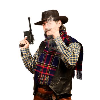 american cowboy with revolver, smoking cigar on white square background