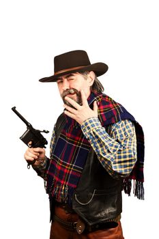 american cowboy with revolver, smoking cigar on white background