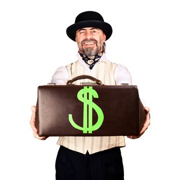Senior businessman giving you money bag