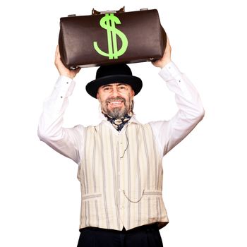 Senior businessman holding money bag