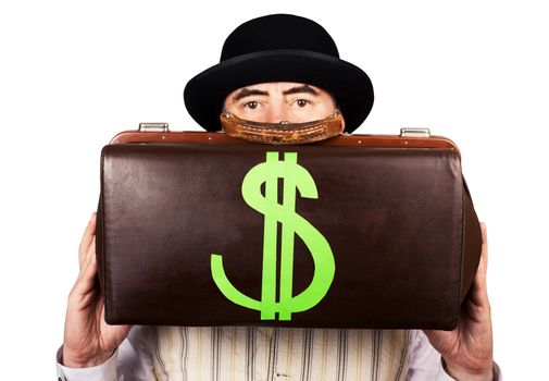 business person in a hat holding money bag