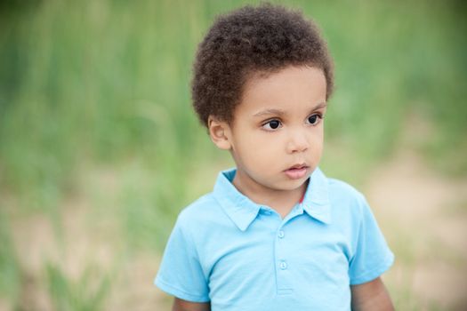 cute african american boy on a background of green grass