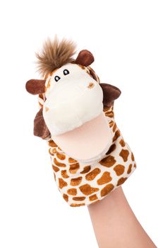 Hand puppet of giraffe isolated on white, happy emotion. 