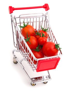 a Shopping cart full of tomatoes on a white background