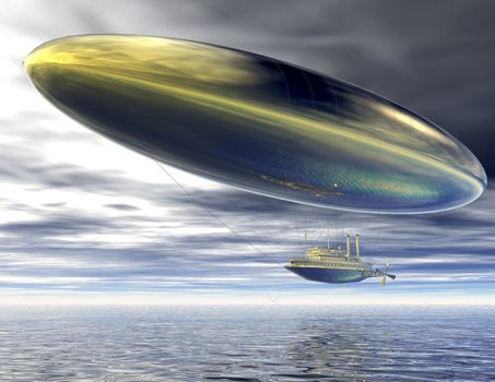 digital visualization of a surrealistic steamer airship