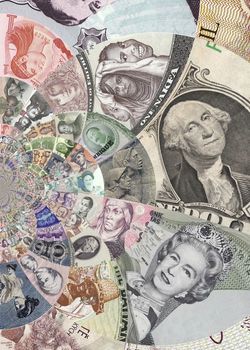 Collage of kaleidoscopic internationa Banknotes