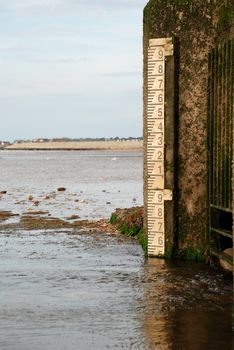 Water level marker at the beach, showing a very low water level