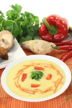 Asian Curry Soup with chicken, bell pepper, spring onions and carrots
