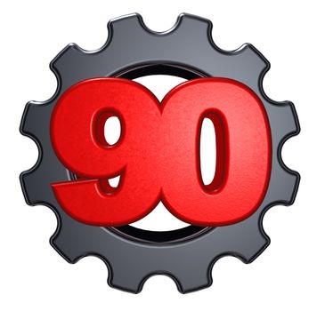 number ninety and gear wheel on white background - 3d illustration