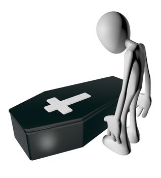 black casket whit christian cross and white guy - 3d illustration