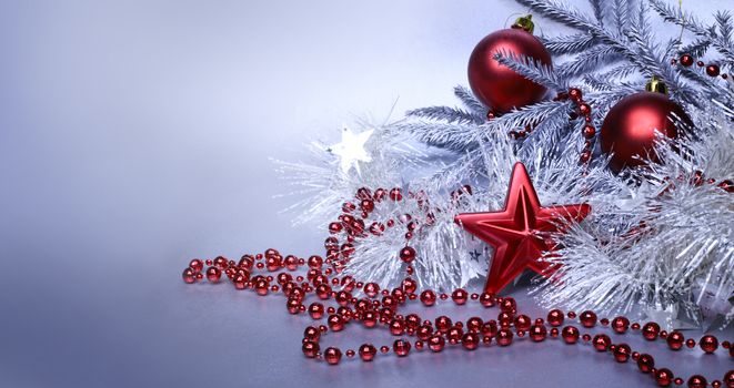 Christmas red and silver decoration with copy space