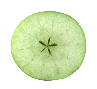 Slice cross section of green apple isolated on white background