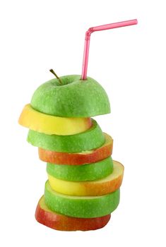 Stack of green and red apple slices with straw juice concept isolated on white