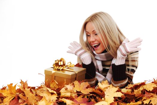  woman take autumn gift isolated in studio