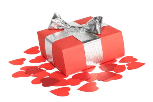 Valentines Day gift in red box and small hearts isolated on white