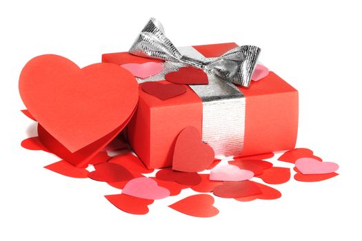 Valentines Day gift in red box and greeting card isolated on white