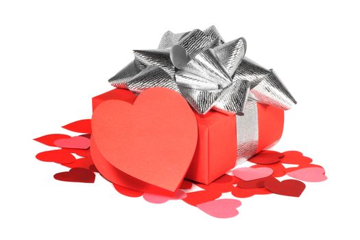 Valentines Day gift in red box and greeting card isolated on white