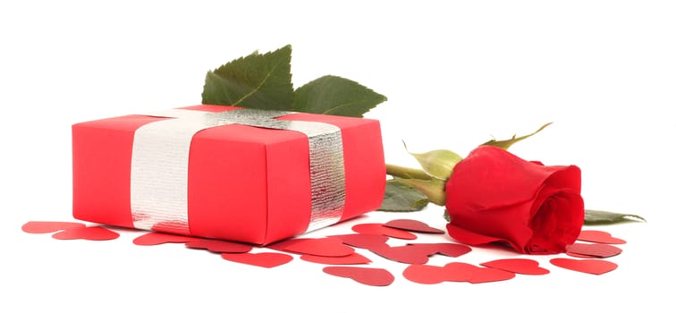 Valentines Day gift in red box with rose and small hearts isolated on white