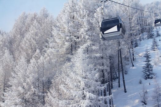 Chair lift between beautiful firs in winter mountains forest