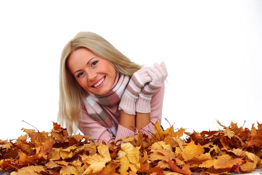  studio portrait of autumn woman in  yellow leaves