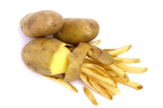 French fries and peeled potato concept isolated on white