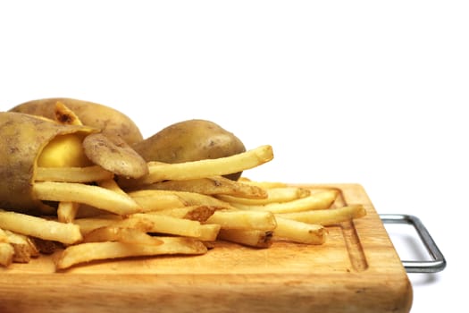 French fries and peeled potato concept isolated on white