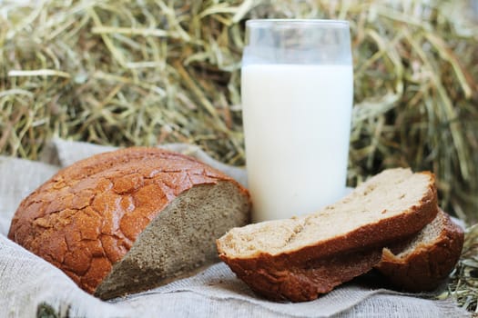 Brown fresh sliced bread and milk on hay