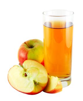 Apple juice with cutted colorful apples isolated on white