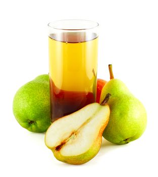 Pear juice with three and half colorful pears isolated on white