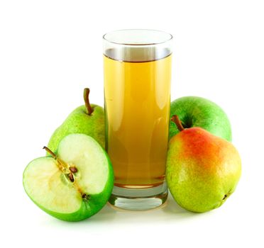 Apple and pear juice with apples and pears isolated on white background