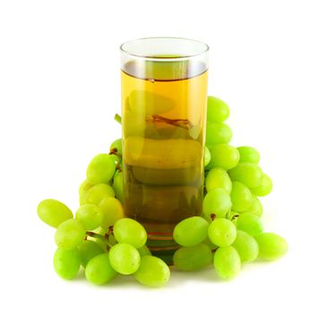 Grape juice surrounded with grapes isolated on white