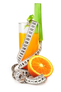 Orange juice celery and measure tape diet concept isolated on white