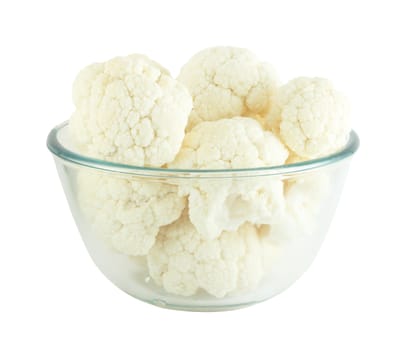 Cauliflower in transparent bowl isolated on white background