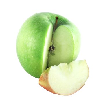 Cut green apple with red piece isolated on white