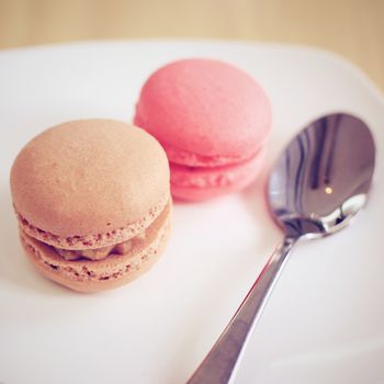 Tasty sweet macaron with spoon, retro filter effect