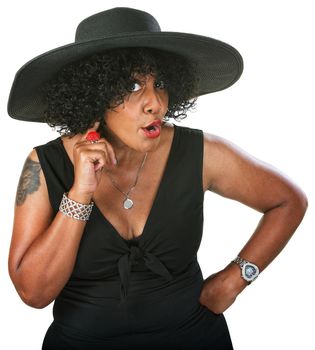 Irritated beautiful mature African woman holding ear