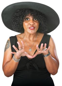 Talkative adult female expressing with her hands