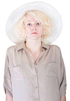 Single stoic European female with safari cap and shirt